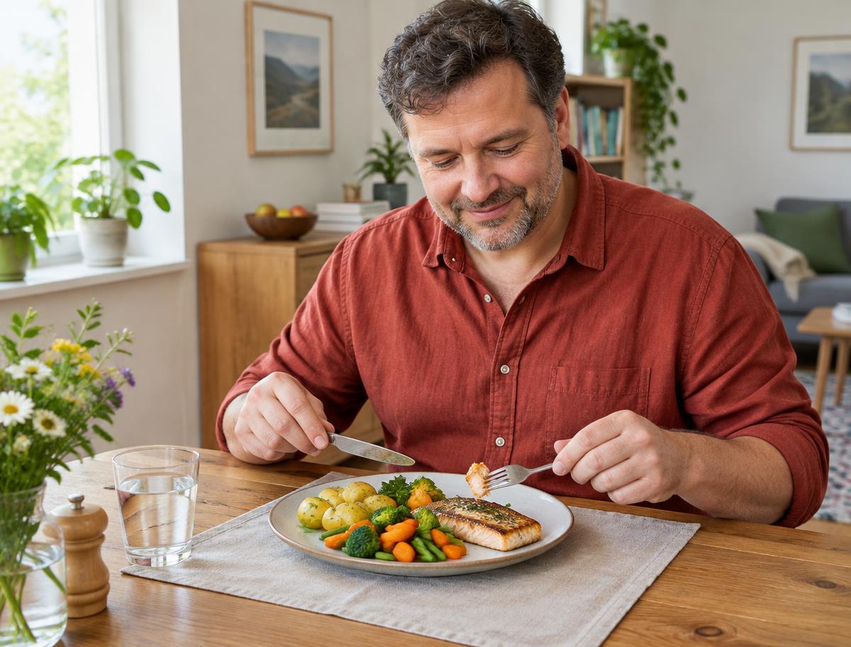 Mann genießt eine ausgewogene Mahlzeit mit Gemüse, Kartoffeln und Fisch