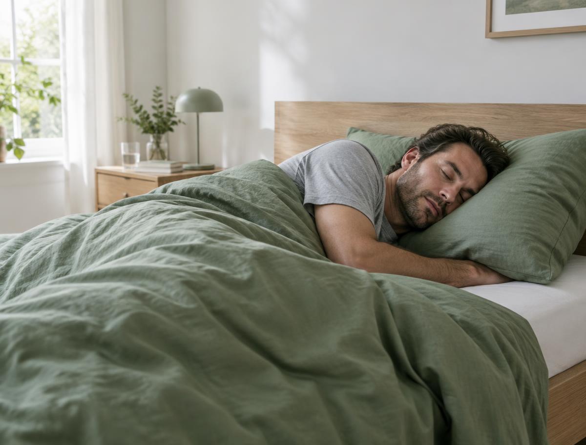 Ein Mann schläft auf der Seite in einem ruhigen Schlafzimmer