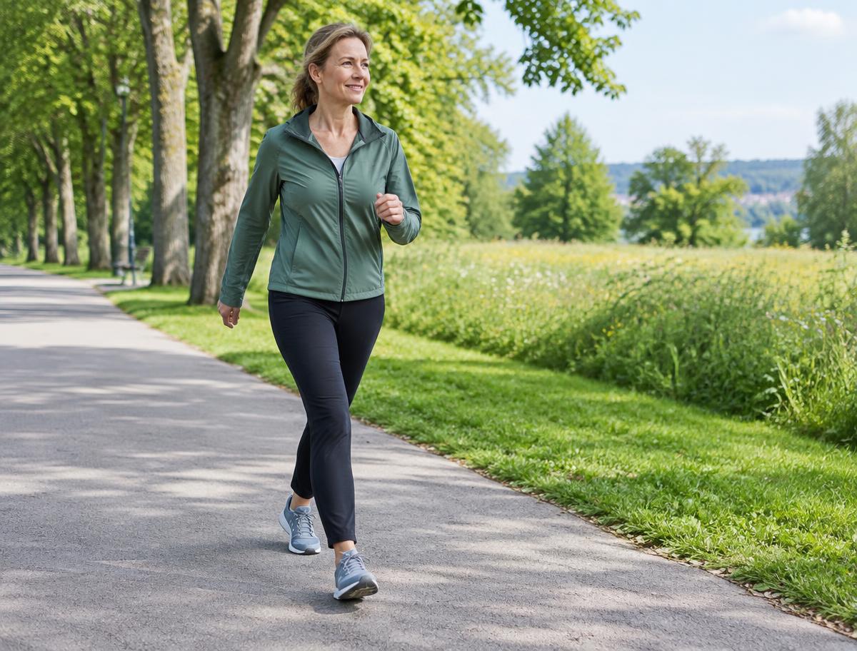 Eine Frau geht auf einem befestigten Weg durch einen grünen Park